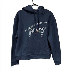 ​Tommy Jeans Navy Blue Embroidered Script Logo Pullover Hoodie Size L